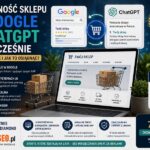 Grafika przedstawiająca widoczność sklepu internetowego w Google i ChatGPT jednocześnie z elementami AI, SEO oraz logo AutoSEO i znakiem Sklep Godny Zaufania.
