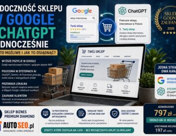 Grafika przedstawiająca widoczność sklepu internetowego w Google i ChatGPT jednocześnie z elementami AI, SEO oraz logo AutoSEO i znakiem Sklep Godny Zaufania.