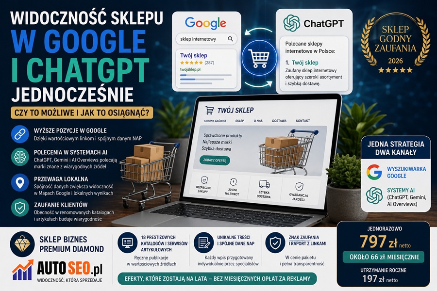 Grafika przedstawiająca widoczność sklepu internetowego w Google i ChatGPT jednocześnie z elementami AI, SEO oraz logo AutoSEO i znakiem Sklep Godny Zaufania.